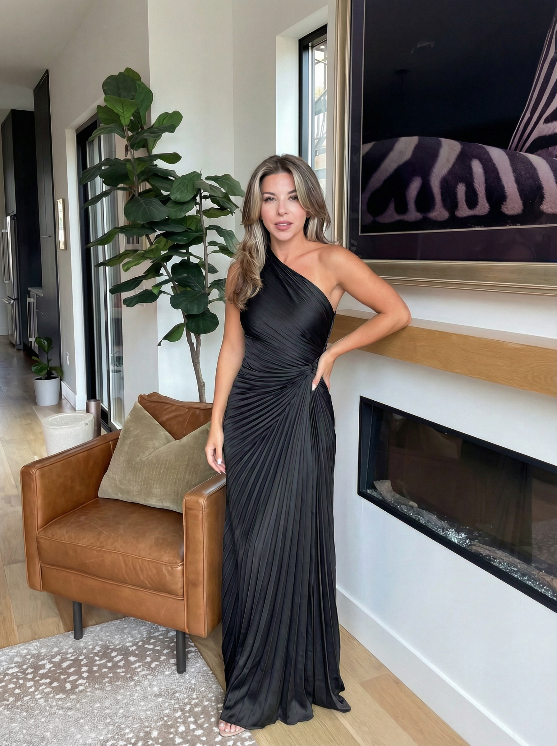Aurelia one shoulder pleated maxi dress in Black, view 4