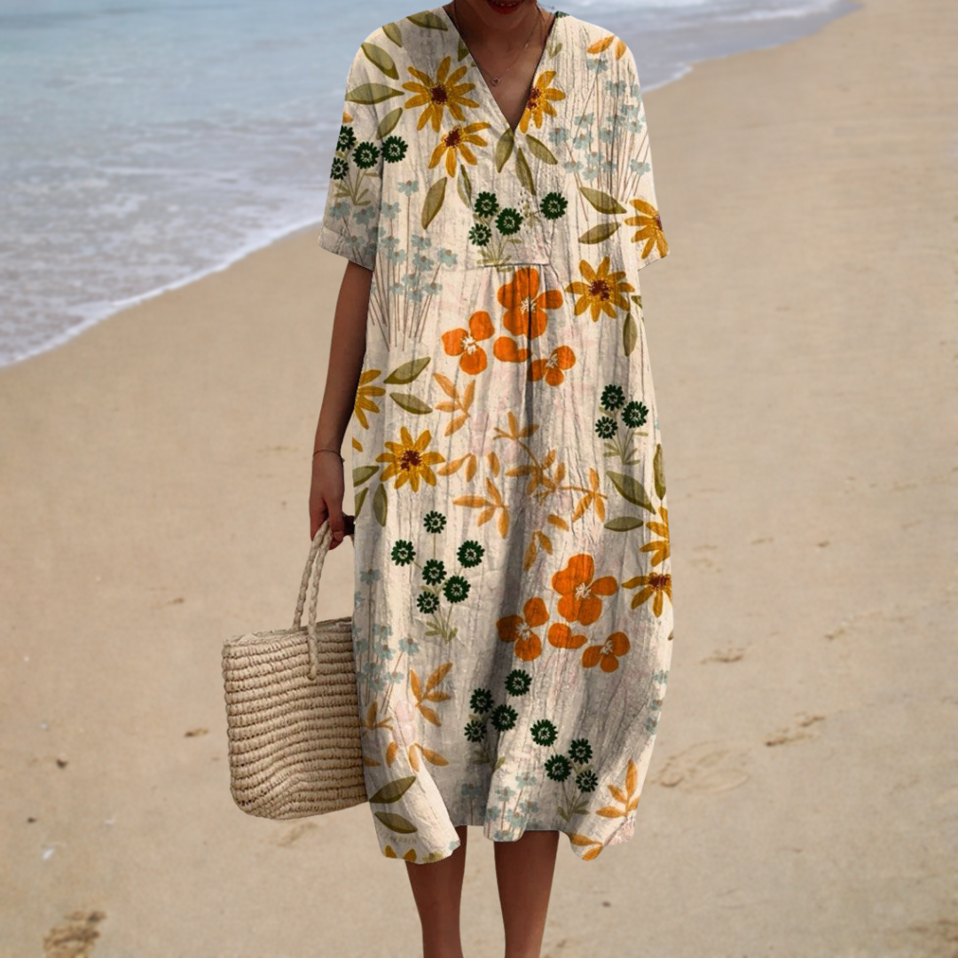 Comfortable Summer Dress, cream and orange floral, front view