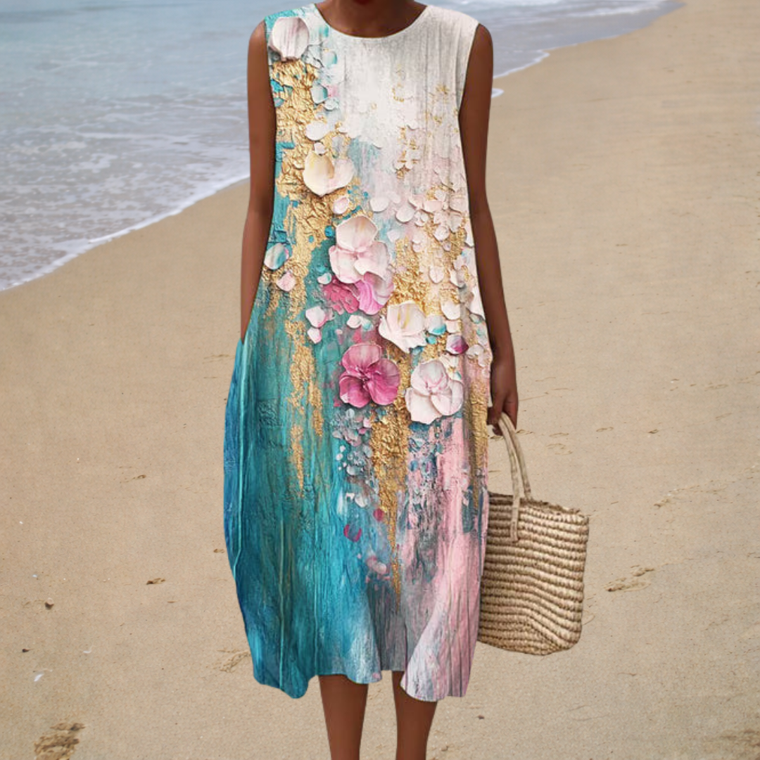 Comfortable Sleeveless Summer Dress, teal painted floral, front view