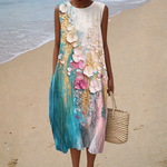 Comfortable Sleeveless Summer Dress, teal painted floral, front view