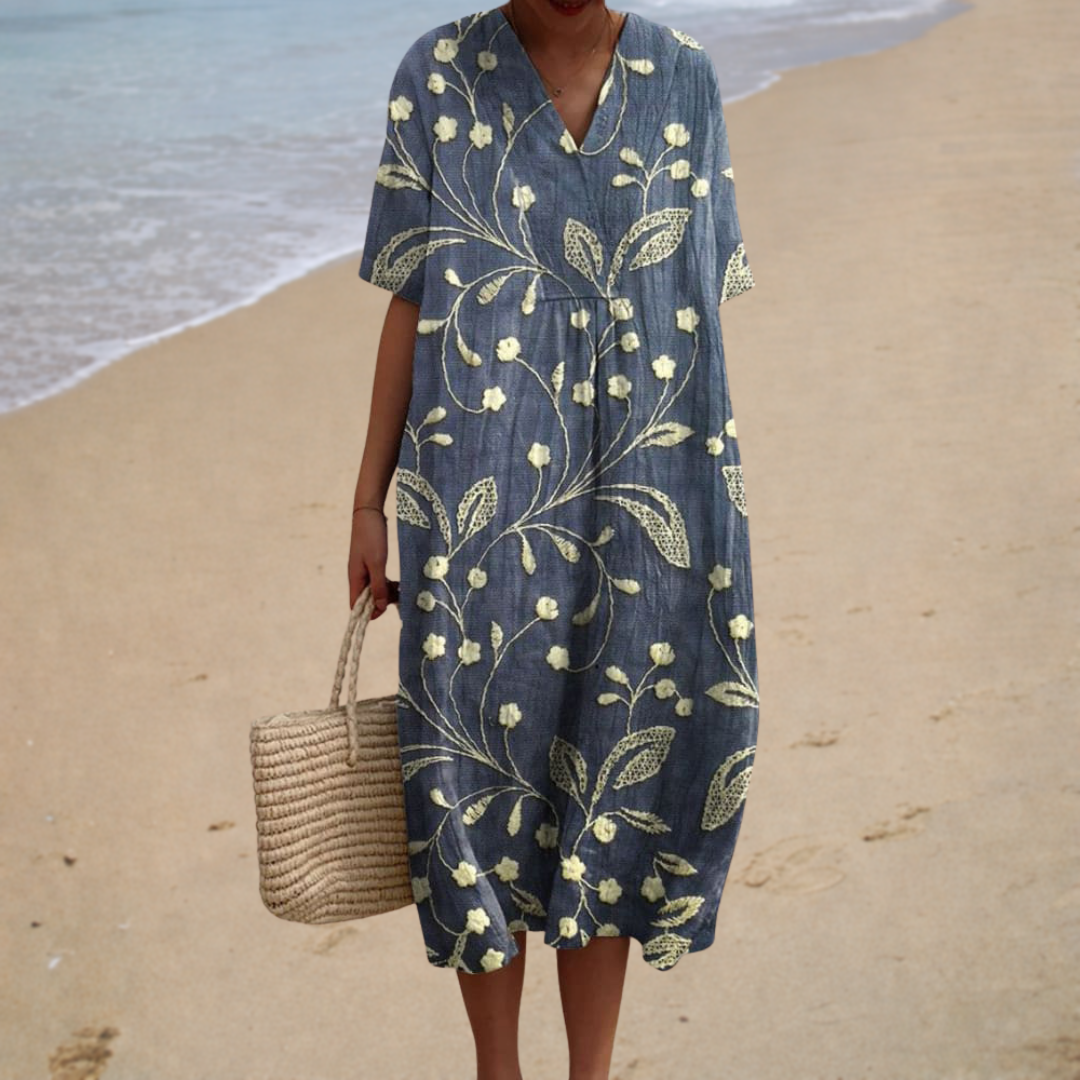 Comfortable Summer Dress, blue vine print, front view