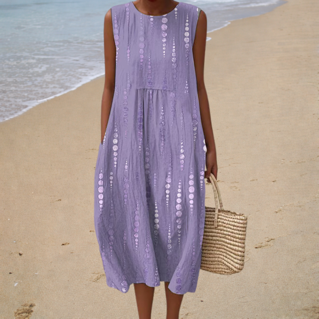 Comfortable Sleeveless Summer Dress, lilac dot print, front view