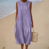Comfortable Sleeveless Summer Dress, lilac dot print, front view