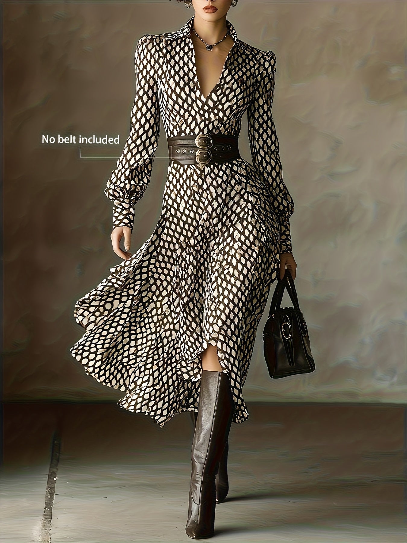 Zara diamond print belted dress, view 3