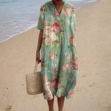 Comfortable Summer Dress, aqua rose print, front view