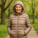 Metta champagne hooded puffer jacket, front view