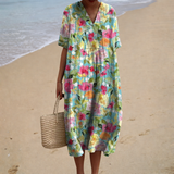 Comfortable Summer Dress, bright garden floral, front view