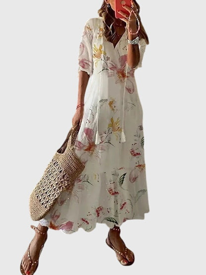 Amalia boho vintage print summer dress in White, view 8