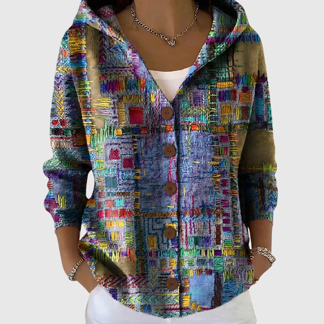 Charlotte patchwork print hooded cardigan, front view