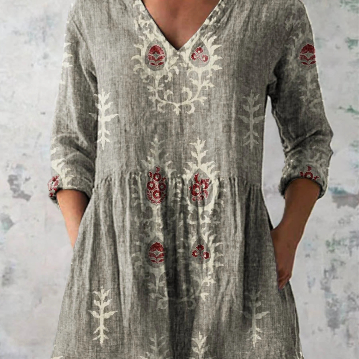 Elise soft green print V-neck blouse in Grey, view 6