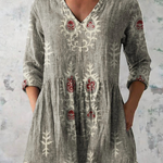 Elise soft green print V-neck blouse in Grey, view 6
