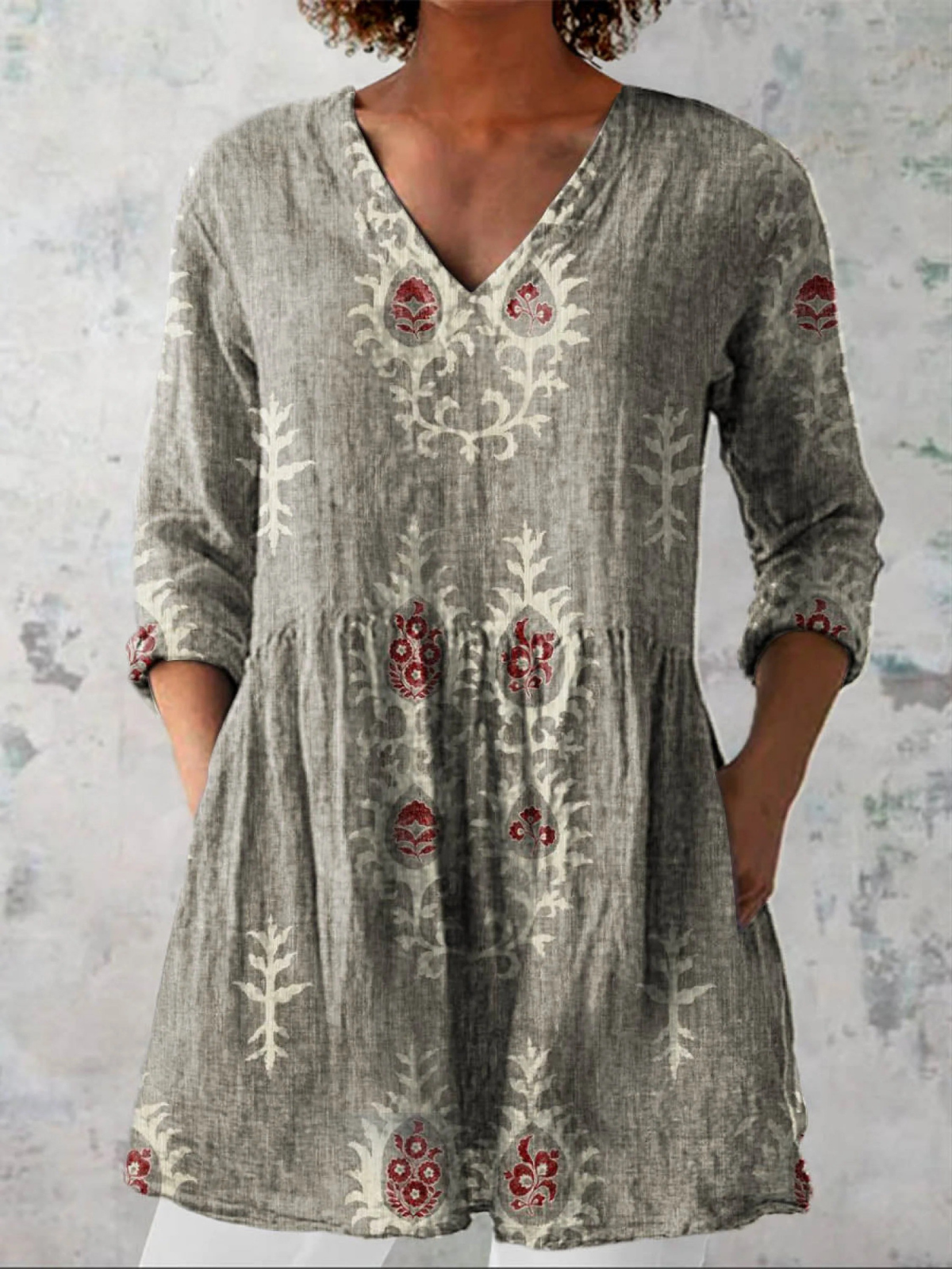 Elise soft green print V-neck blouse in Grey, view 6