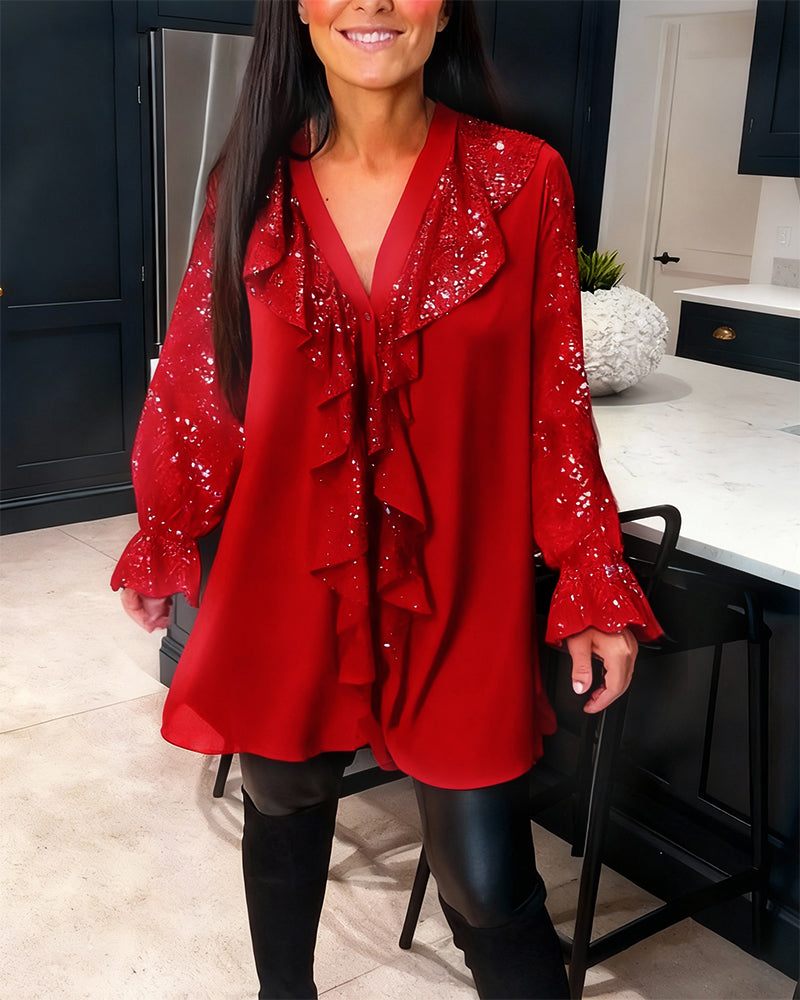 Loose ruffle blouse in Red, view 5