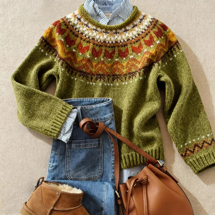 Alba Nordic knitted jumper in Olive Green, front view