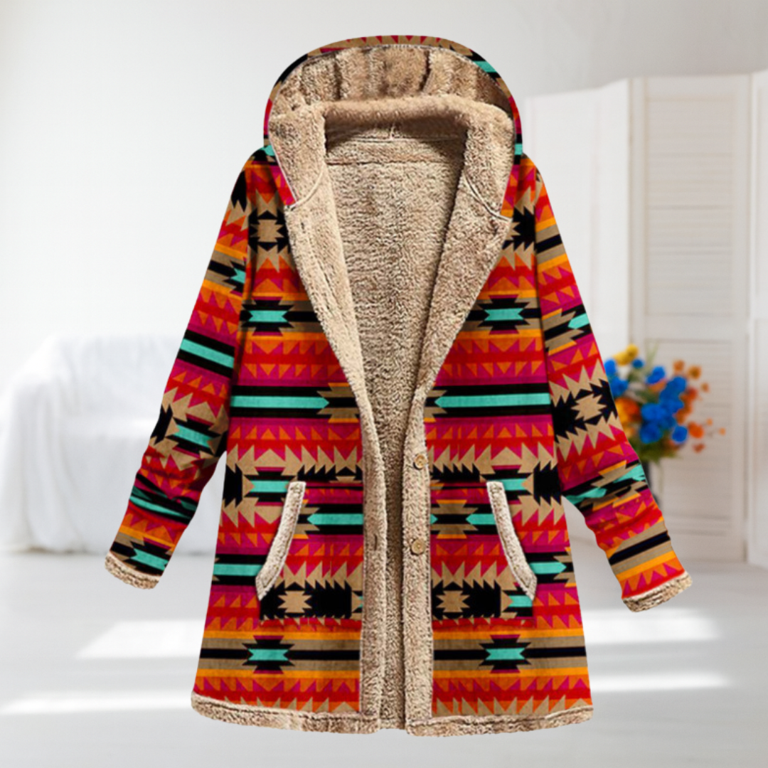 Giulia orange Aztec fleece-lined hooded coat, front view