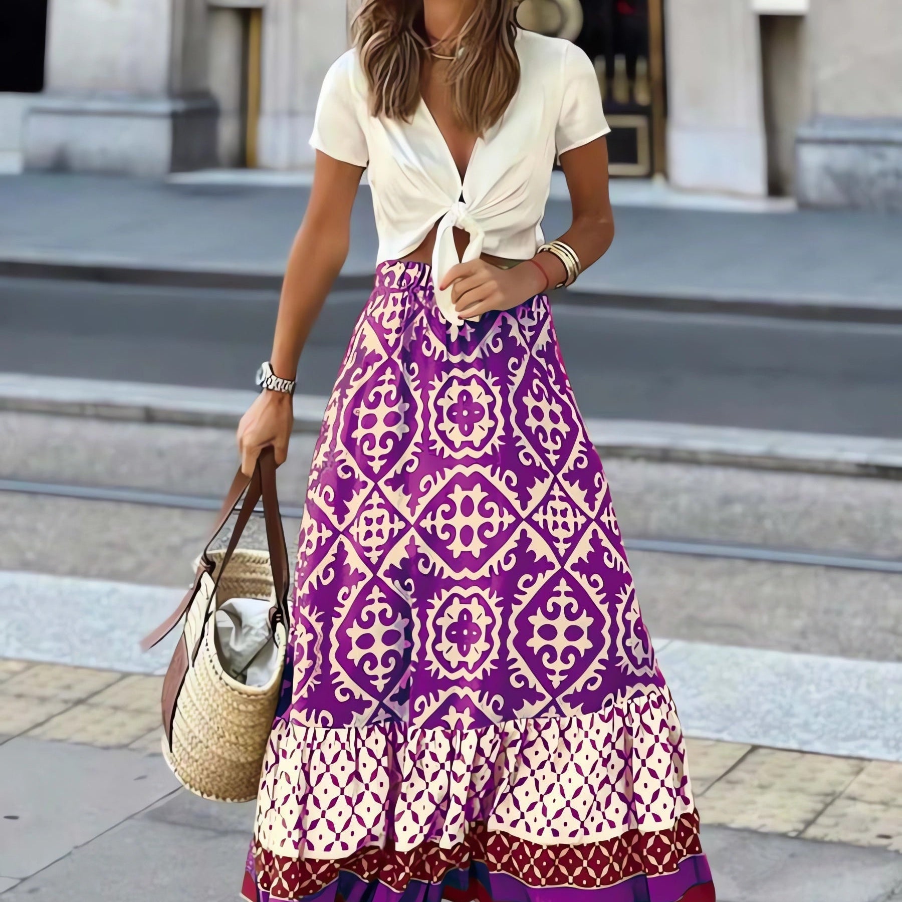 Yalina boho print maxi skirt with fringes in Purple, view 9