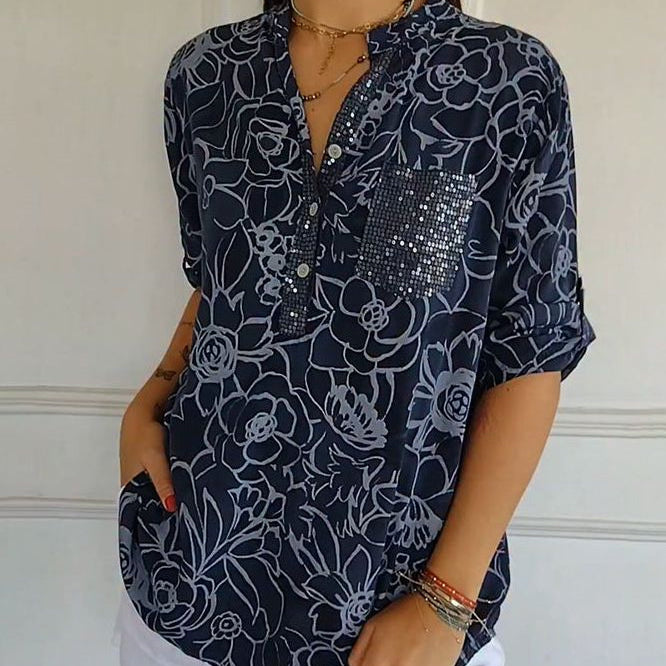 Willow floral blouse with pocket in Dark Blue, view 3