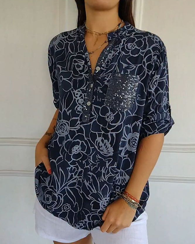 Willow floral blouse with pocket in Dark Blue, view 3