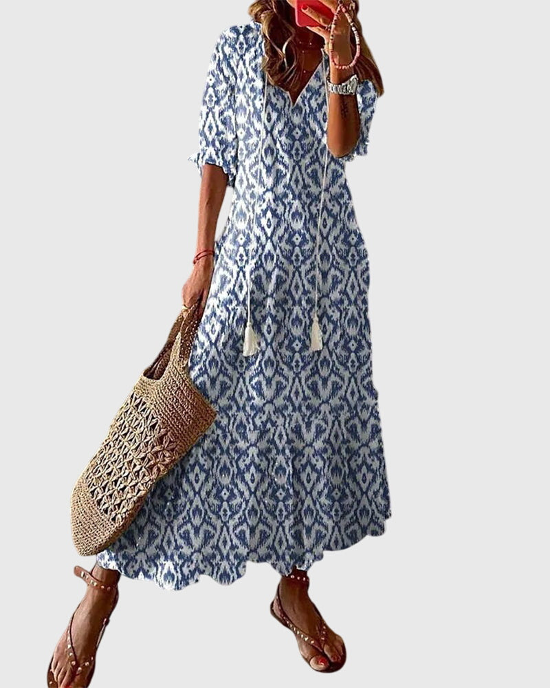 Amalia boho vintage print summer dress in Blue, front view