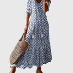 Amalia boho vintage print summer dress in Blue, front view