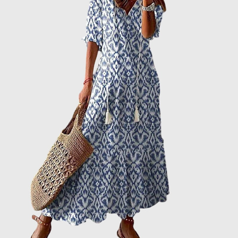 Amalia boho vintage print summer dress in Blue, front view