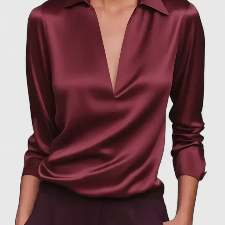 Calvina satin V-neck blouse in Burgundy, view 3