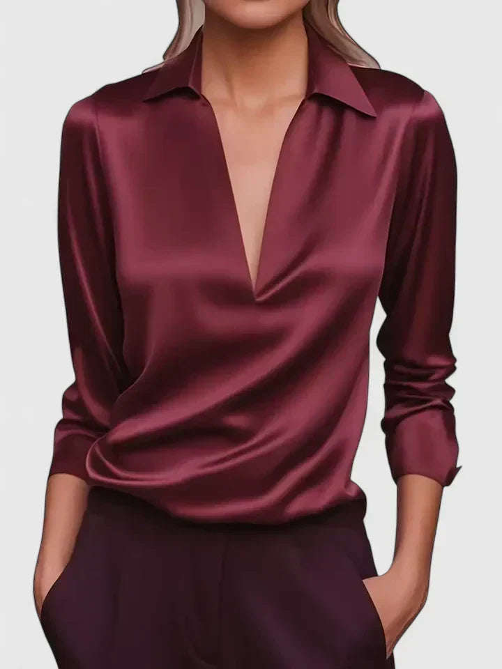 Calvina satin V-neck blouse in Burgundy, view 3