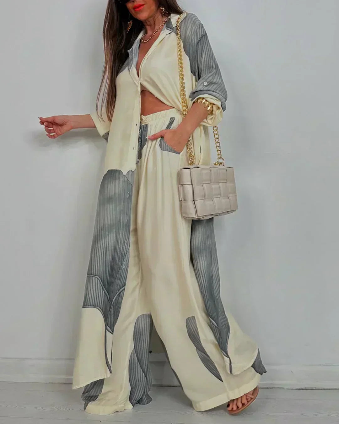 Moriel artistic print two-piece set in Beige, front view