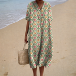 Comfortable Summer Dress, sage rosette print, front view