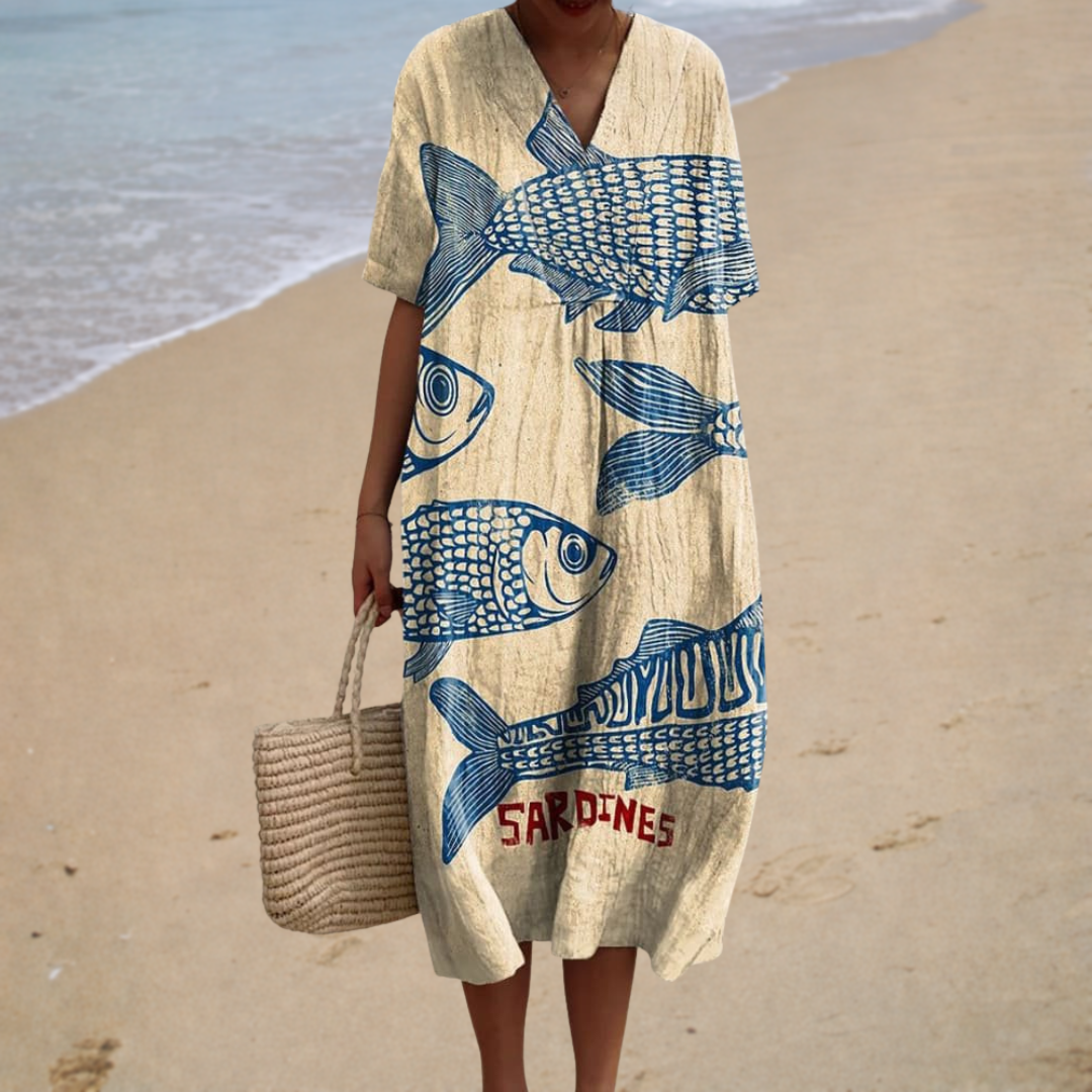Comfortable Summer Dress, sardine print, front view