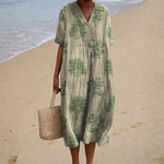 Comfortable Summer Dress, sage leaf print, front view