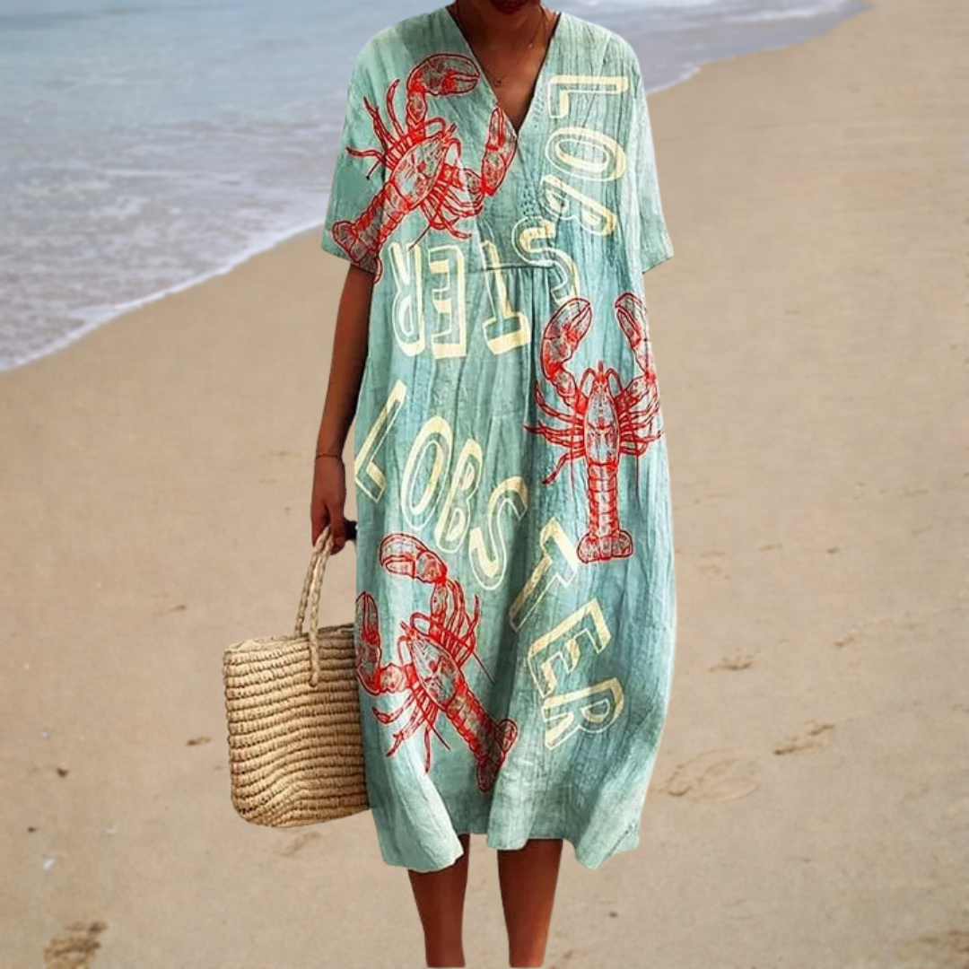 Comfortable Summer Dress, aqua lobster print, front view
