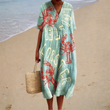 Comfortable Summer Dress, aqua lobster print, front view
