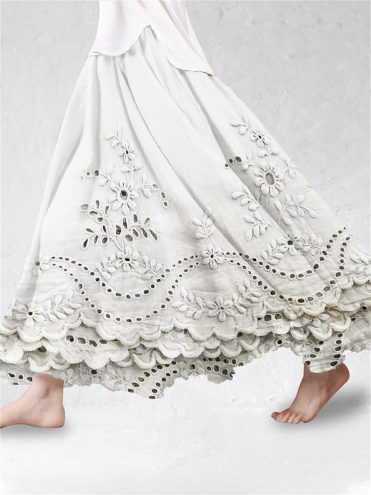 Aurette boho embroidered maxi skirt in Creamy White, view 3