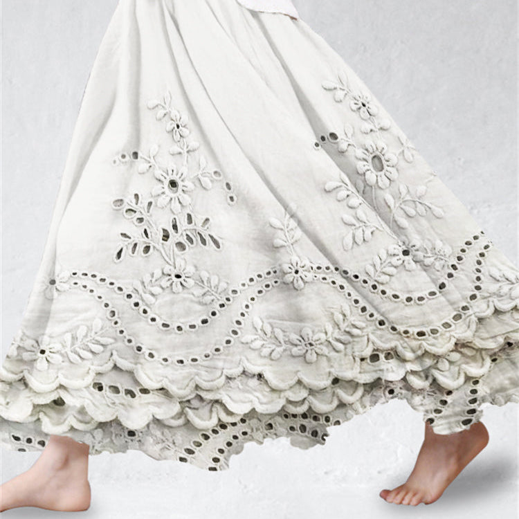 Aurette boho embroidered maxi skirt in Creamy White, view 3