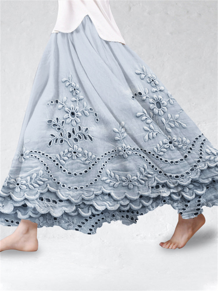 Aurette boho embroidered maxi skirt in Blue, front view