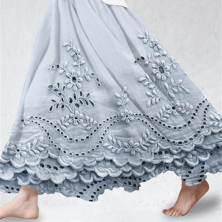 Aurette boho embroidered maxi skirt in Blue, front view