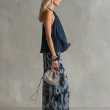 Ludovica navy high-neck top and printed trouser set, view 3