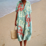 Comfortable Summer Dress, aqua lobster print, front view