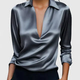 Calvina satin V-neck blouse in Grey, view 4
