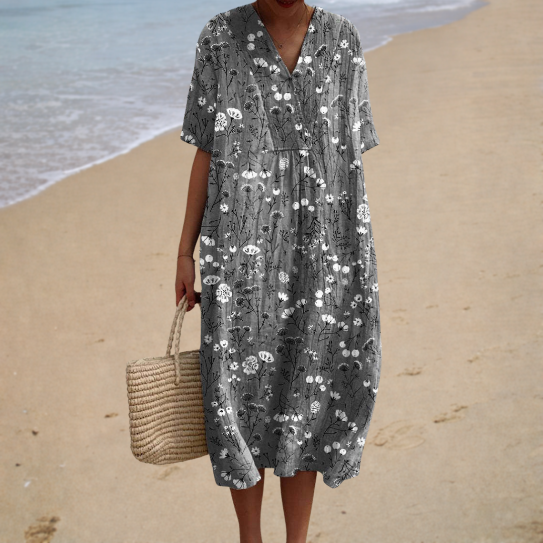 Comfortable Summer Dress, charcoal ditsy floral, front view