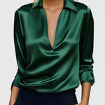 Calvina satin V-neck blouse in Green, view 5