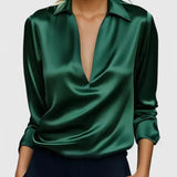 Calvina satin V-neck blouse in Green, view 5