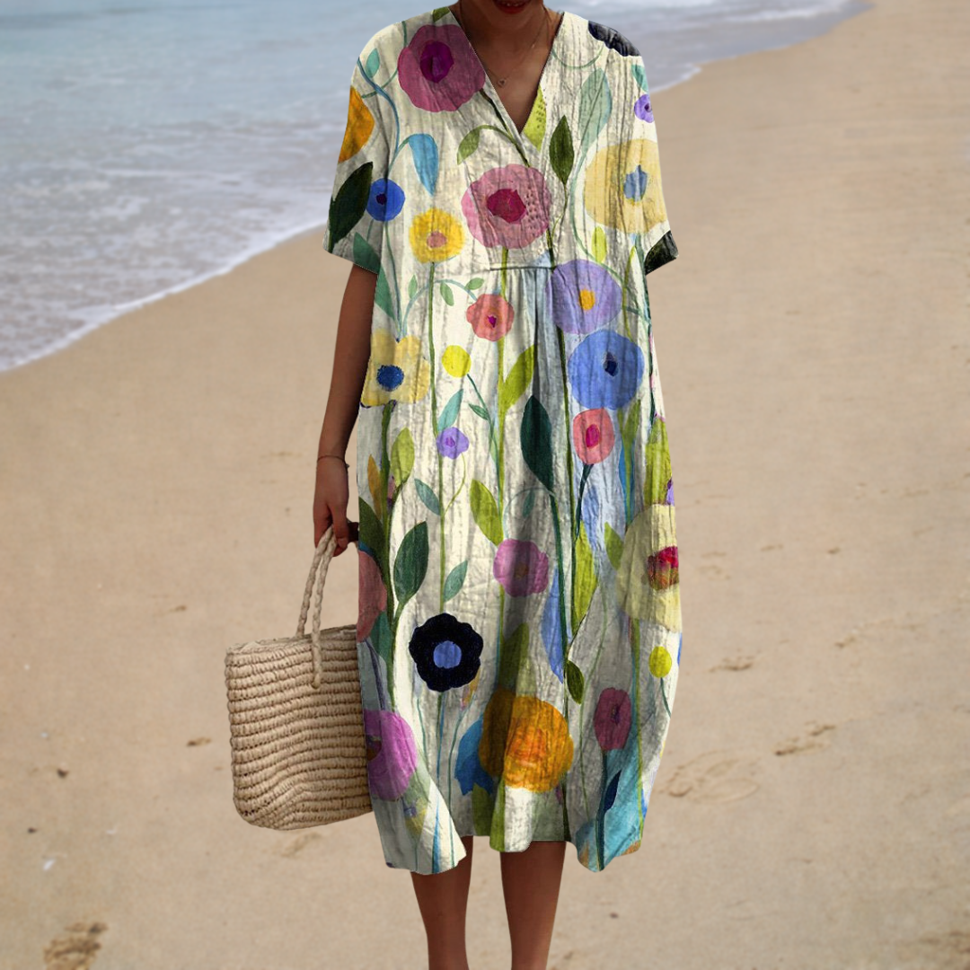 Comfortable Summer Dress, cream painted floral, front view