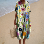 Comfortable Summer Dress, cream painted floral, front view