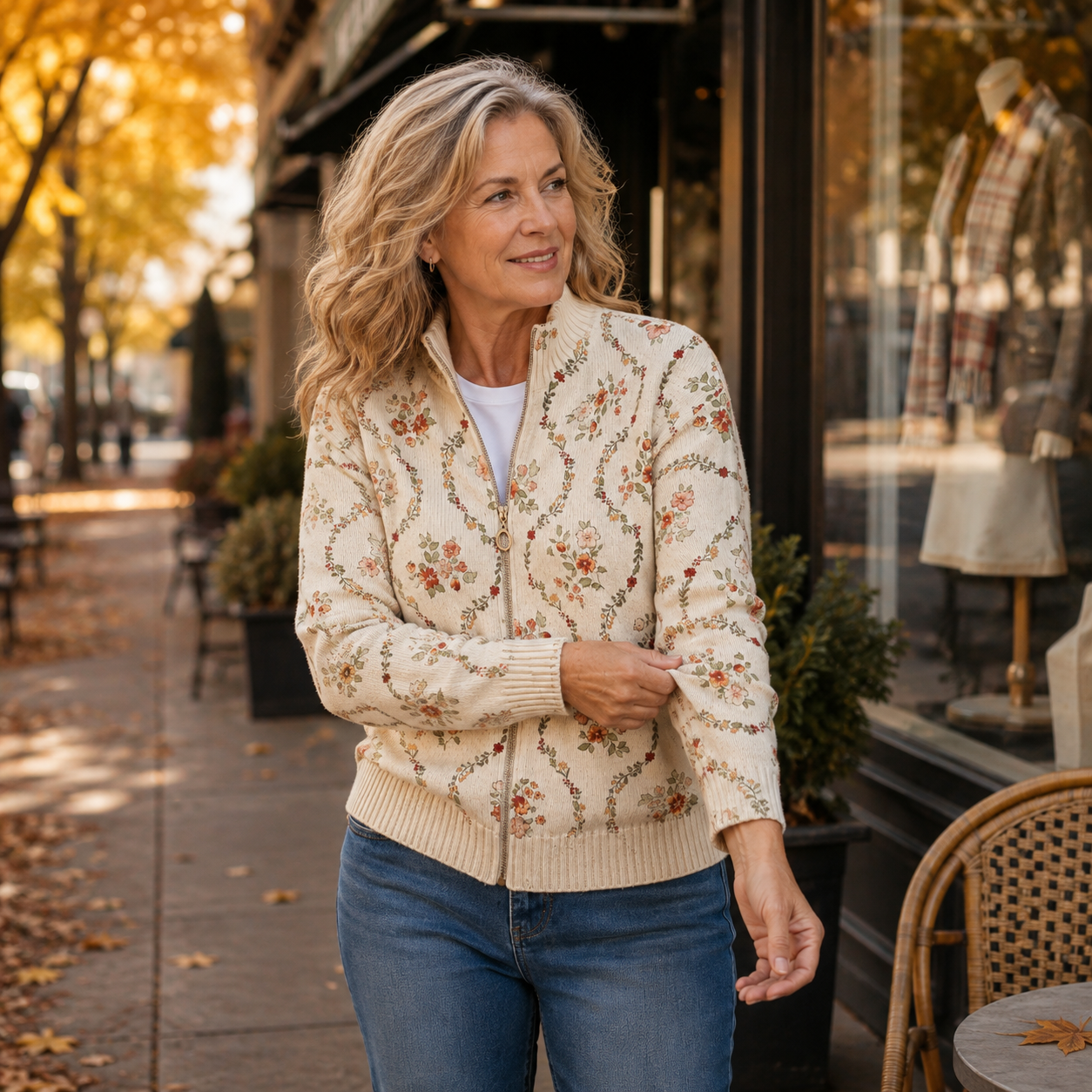Danielle cream trailing floral zip-up cardigan, view 3