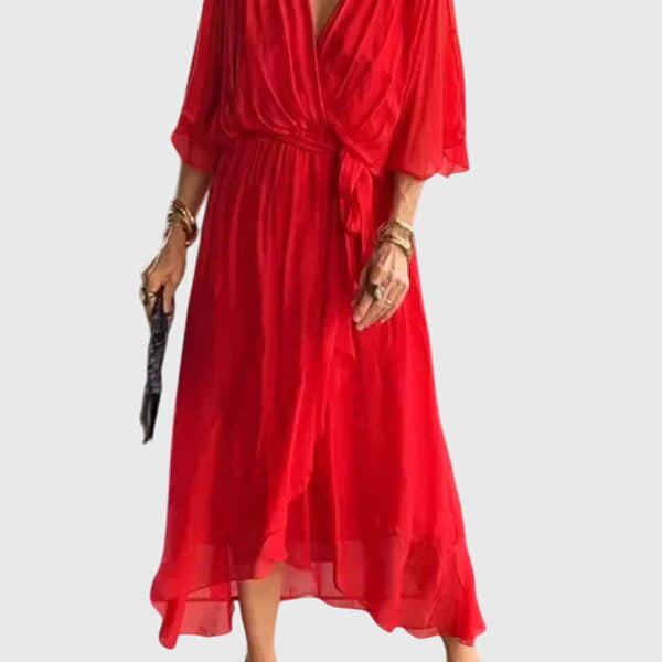 Bethany elegant V neck midi dress in Red, view 8