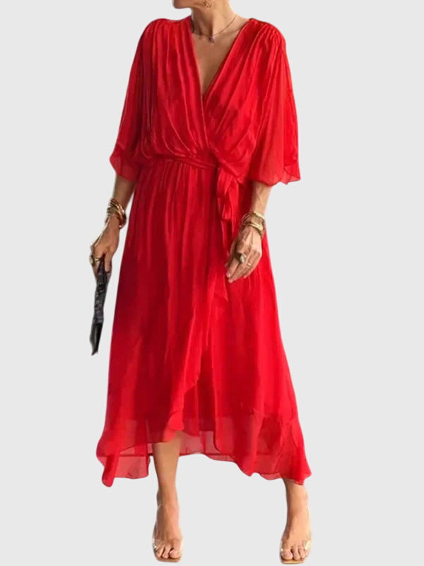 Bethany elegant V neck midi dress in Red, view 8