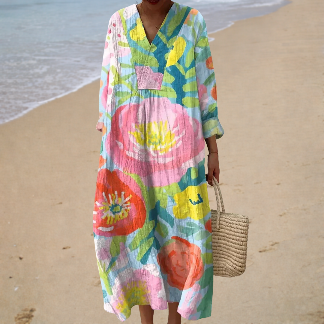 Painted floral print V-neck summer dress, front view