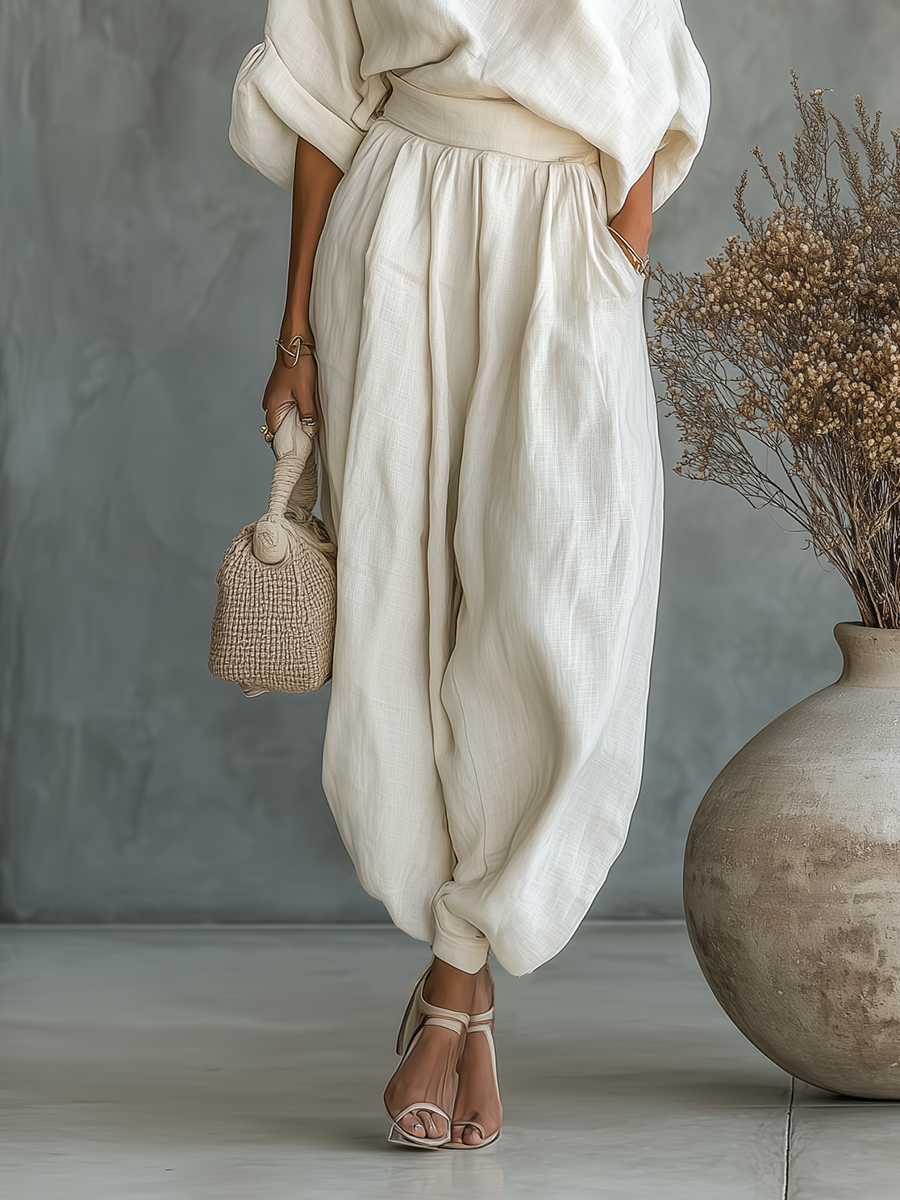 Linen off-shoulder top and trouser set, view 4